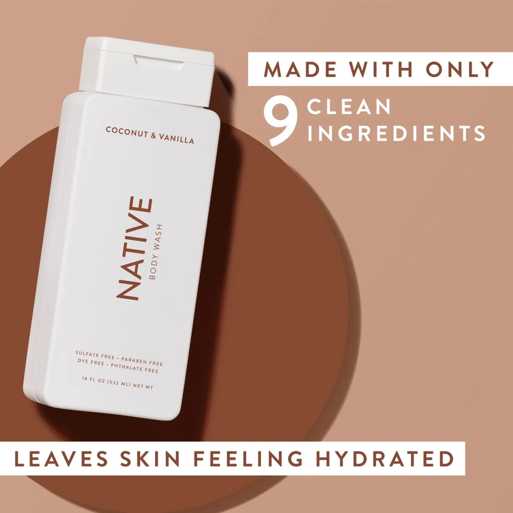 Native Body Wash, Sulfate Free, Coconut & Vanilla, for Women and Men, 18 Oz