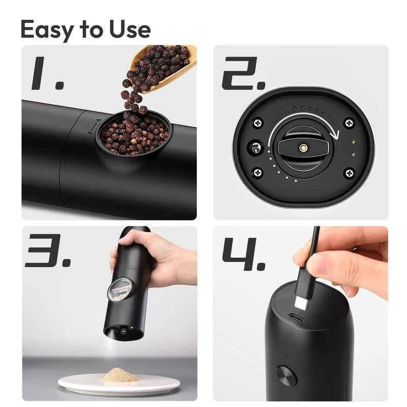 Electric Salt & Pepper Grinder, Automatic Spice Mill with Adjustable Coarseness,