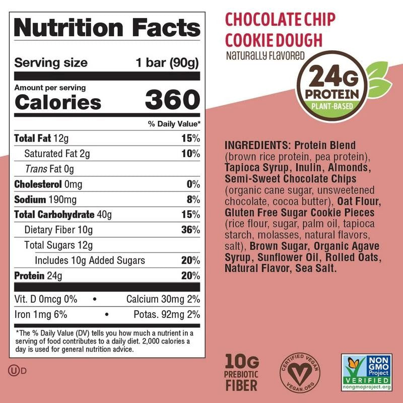 Cookie-Fied Big Bar Chocolate Chip Cookie Dough, Plant-Based Protein Bar, Gluten