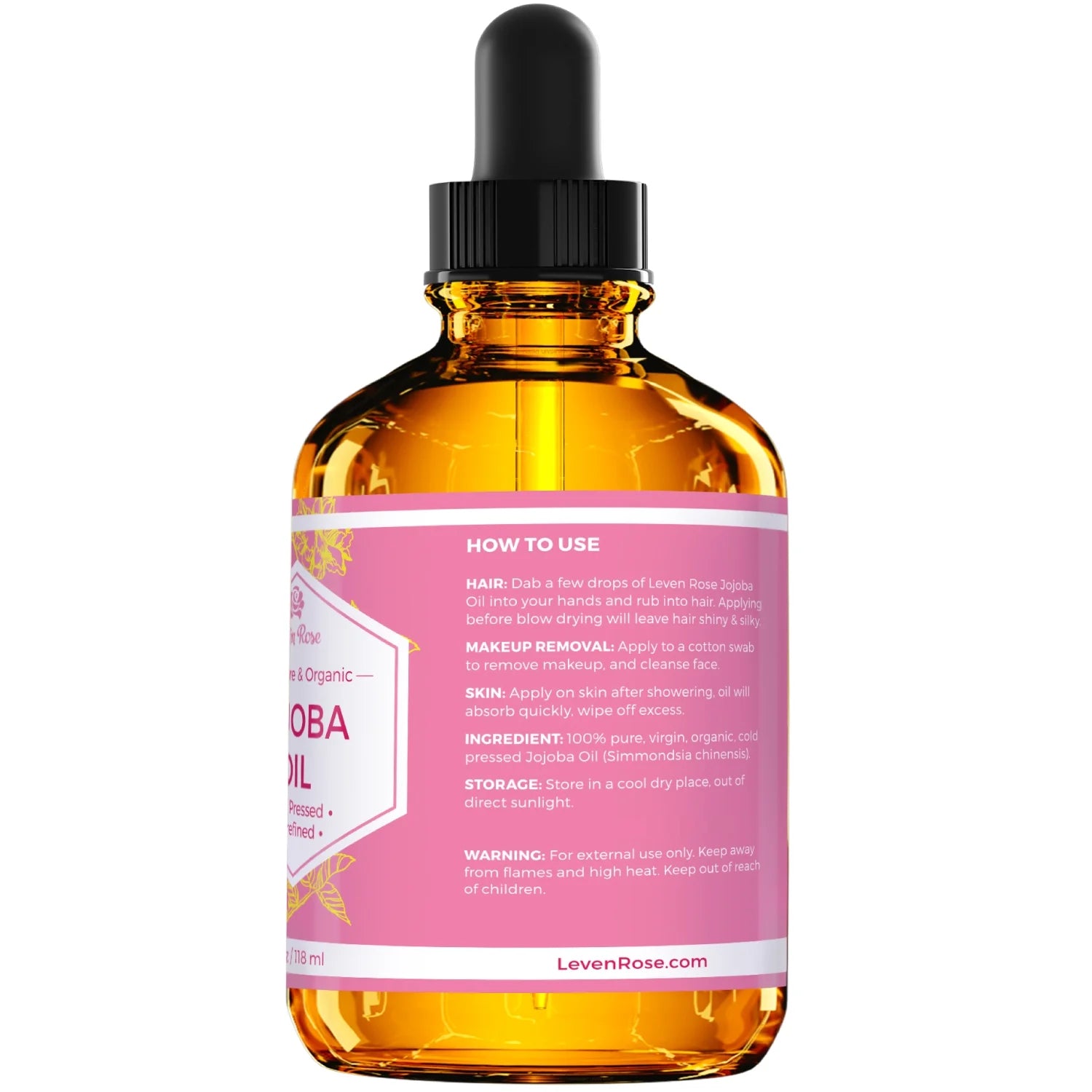 Leven Rose Organic Jojoba Oil for Skin, Hair, and Nails 4 Fl Oz