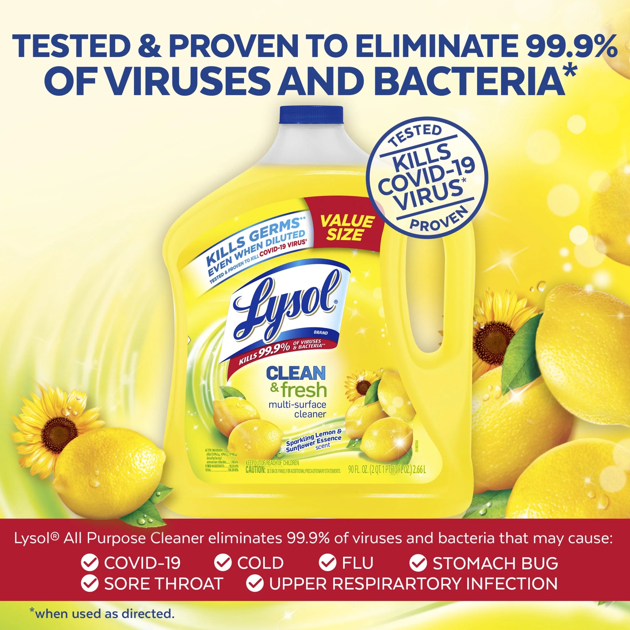 Lysol, Multi-Surface Cleaner, Clean & Fresh, Value Size, Sparkling Lemon and Sunflower Essence, 90 Fl Oz