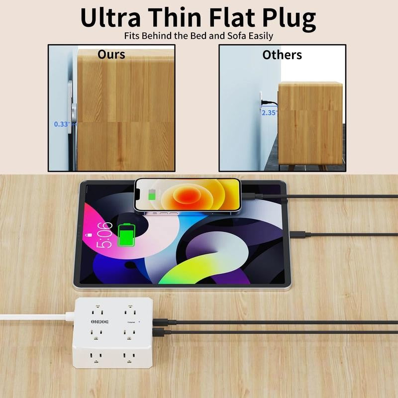 6Ft Flat Plug Power Strip - 8 Outlets and 4 USB Ports (1 USB C), Extension Cord
