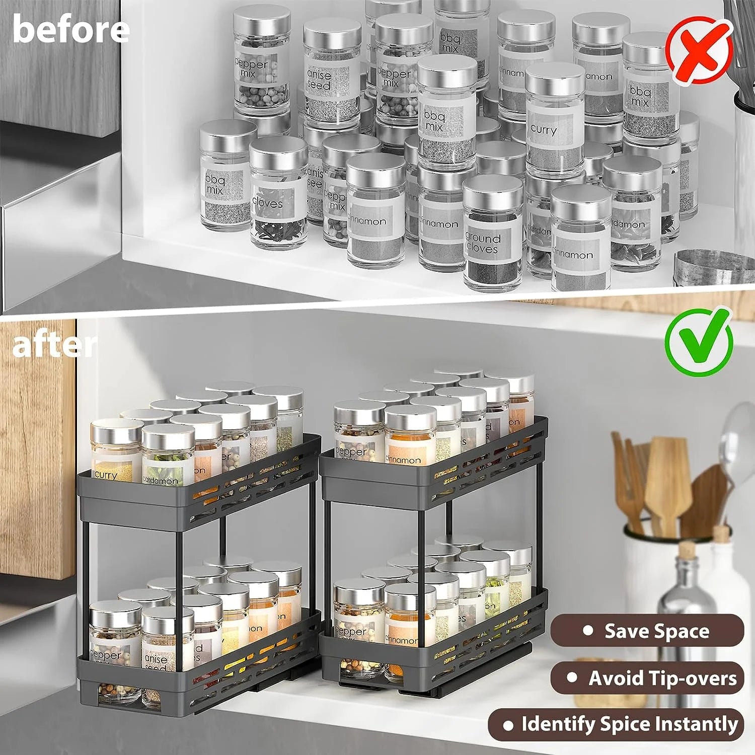 2 Packs Pull-Out Spice Rack Organizer for Cabinets, Slide-Out Design, Multi Purp