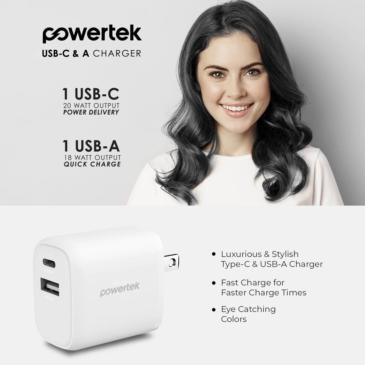 Liquipel Powertek Neon 20W Combo Wall Charger - White
