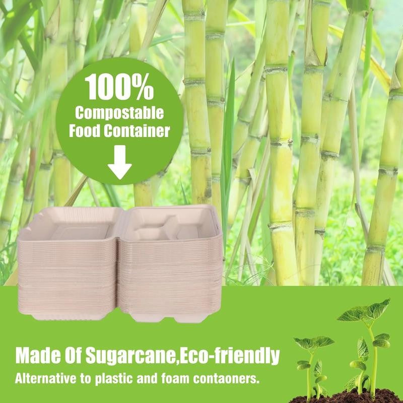 100Pack Compostable Take Out Container 10X10, Disposable to Go Food Boxes with 3