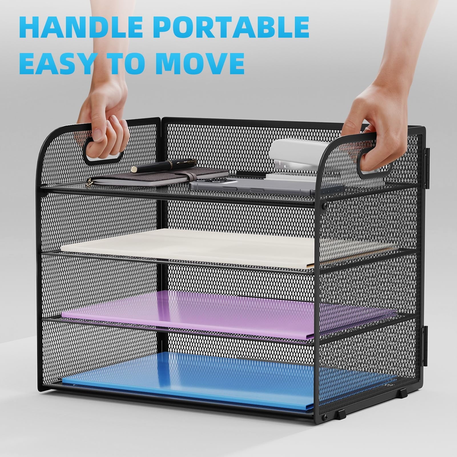 4-Tier Desk Organizer Tray, ,Paper Organizer for Desk,Mesh Desktop File Organizers with Handle