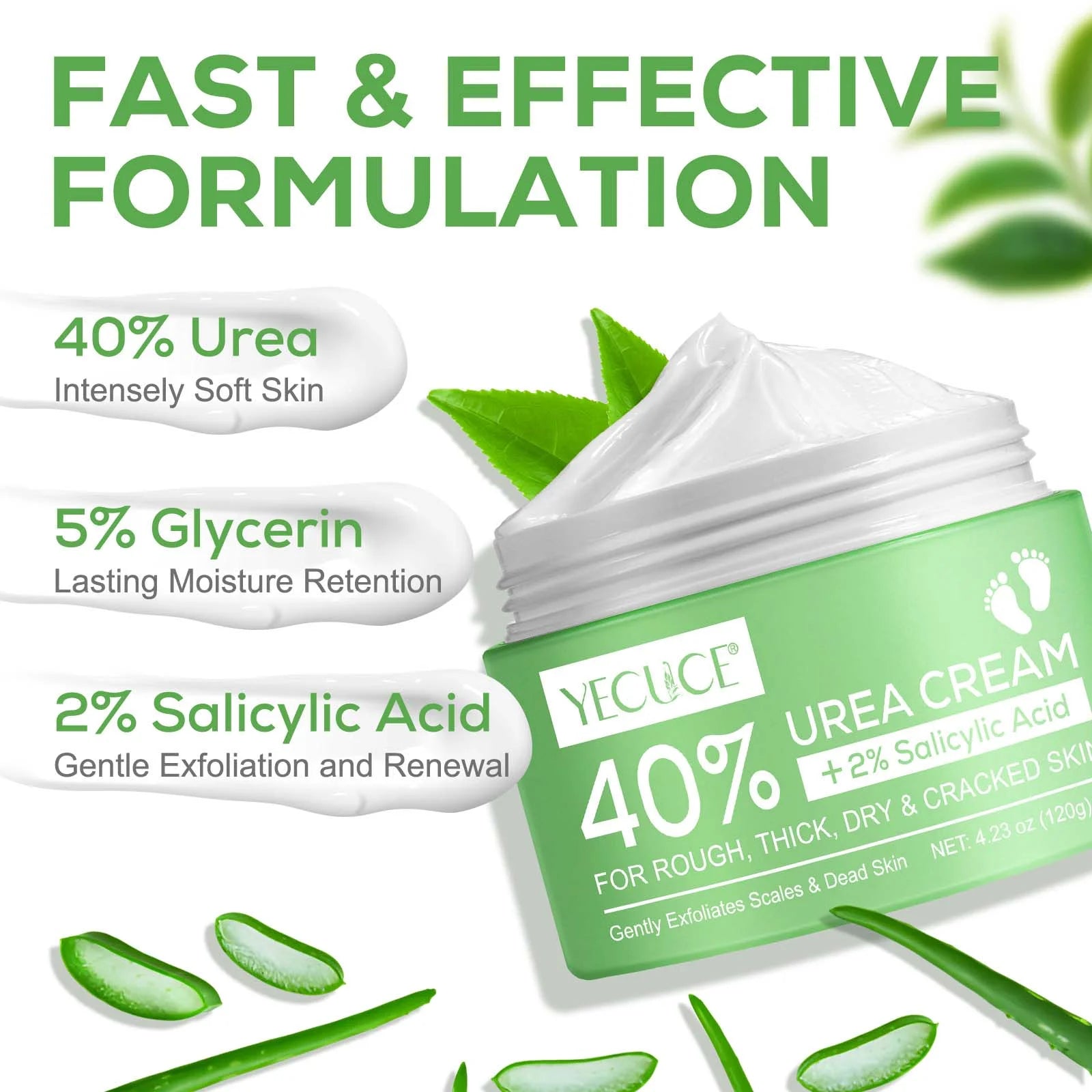40% Urea Cream 2% Salicylic Acid (4.23Oz/120G), Foot Cream Hand Lotion for Rough Dry Cracked Skin - Callus Dead Skin Remover - Tea Tree & Aloe Vera