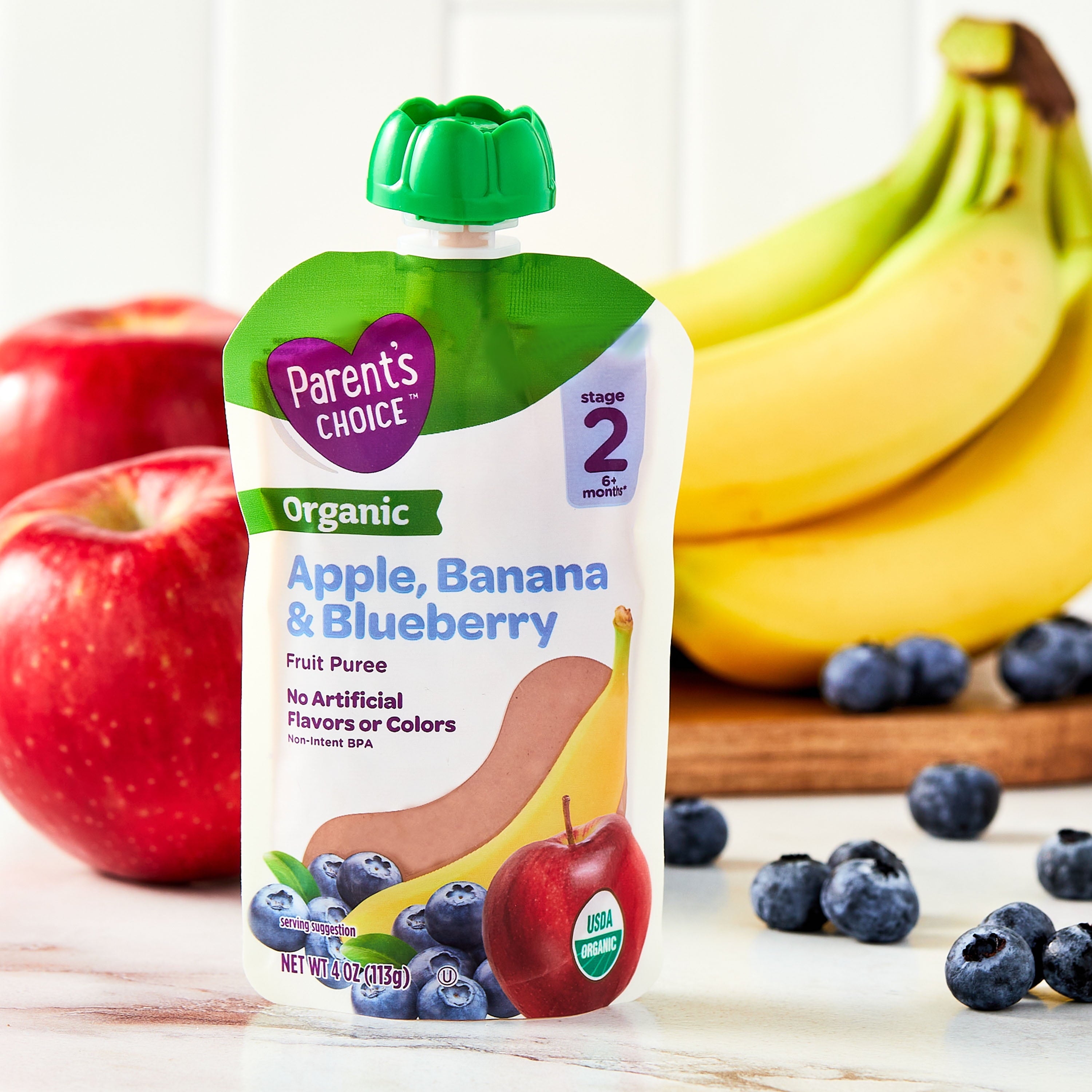 Parent'S Choice Organic Stage 2 Baby Food, Apple, Banana, and Blueberry Puree, 4 Oz Pouch