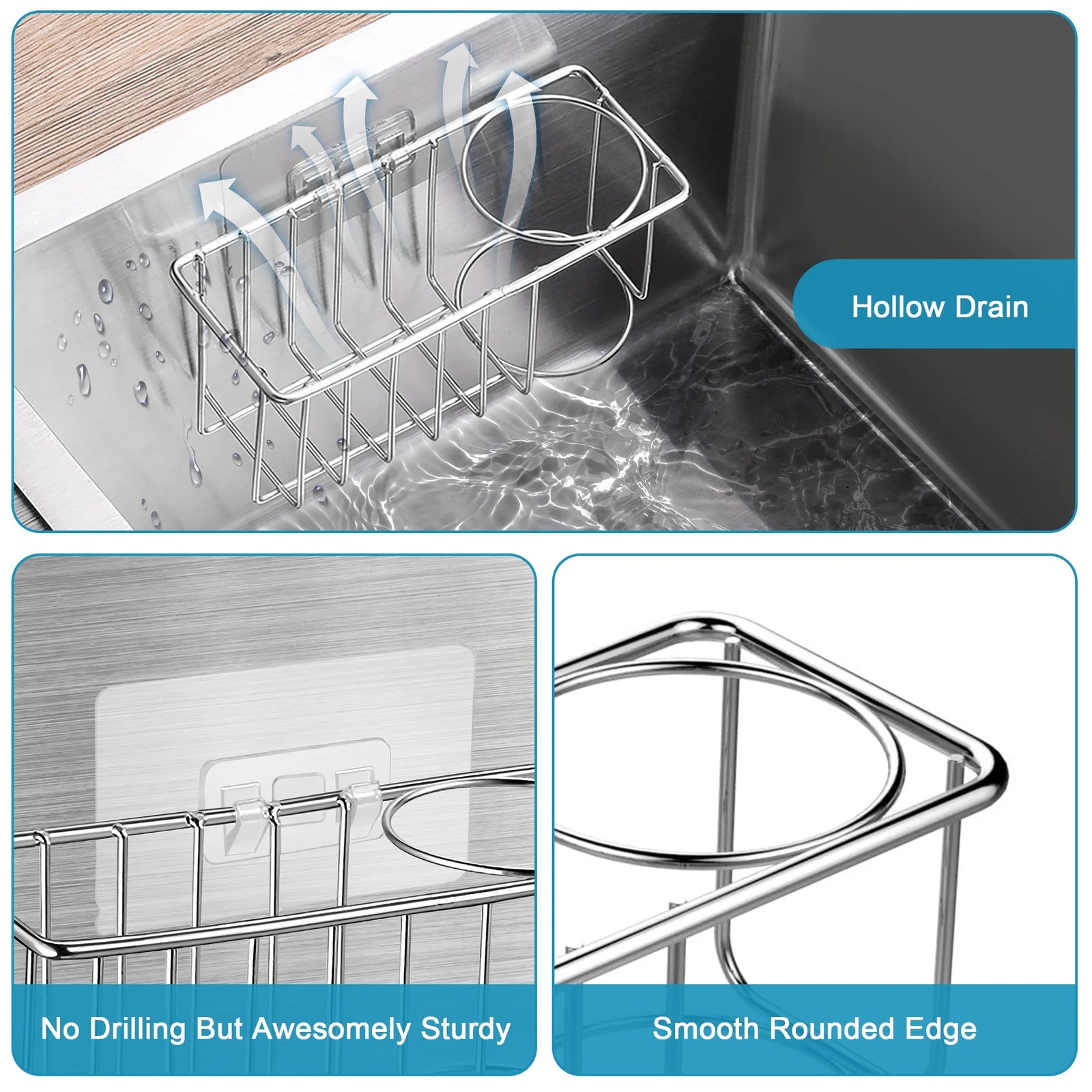 2-In-1 Sink Holder, Adhesive Rustproof Sponge Holder Kitchen Sink Organizer Bask