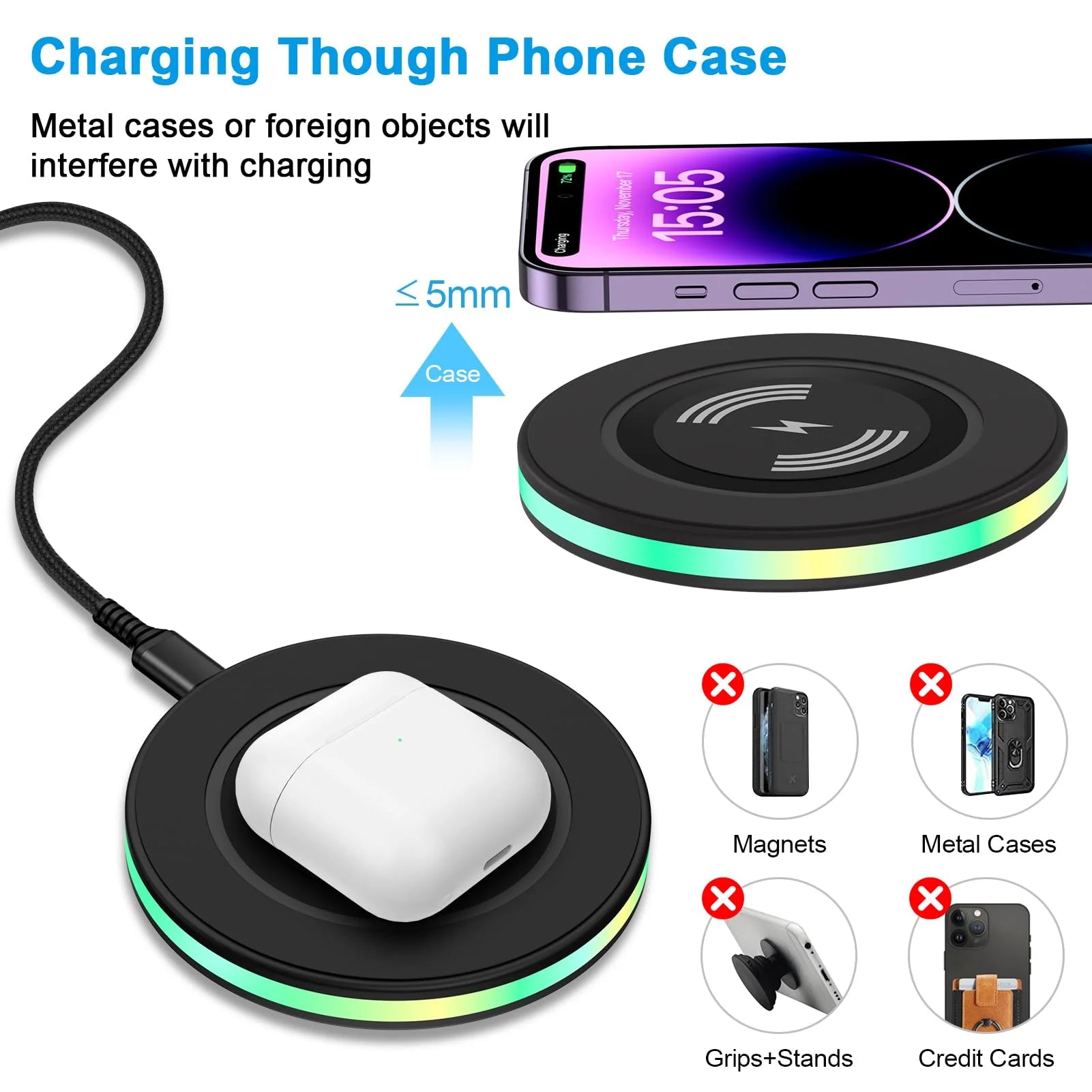 ABCPOW 15W Fast Wireless Charger Samsung Android Fast Charging Pad Qi-Certified Wireless Charger Mat Wireless Charger Station Compatible for Iphone 17 16 15 14 Samsung Galaxy S25 S24 S23 S22,Black