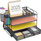 4-Tier Desk Organizer with Drawer – Multi-Functional Desktop File Holder with Pen & Pencil Cup, Letter Tray Organizer for Office Supplies, Black Metal File Organizer for Home and Office