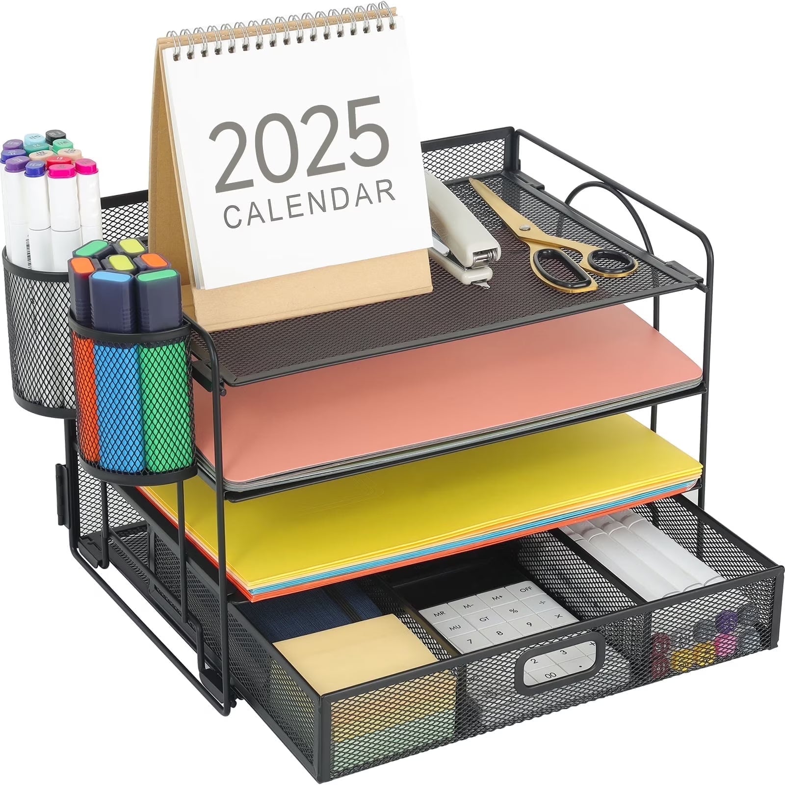 4-Tier Desk Organizer with Drawer – Multi-Functional Desktop File Holder with Pen & Pencil Cup, Letter Tray Organizer for Office Supplies, Black Metal File Organizer for Home and Office