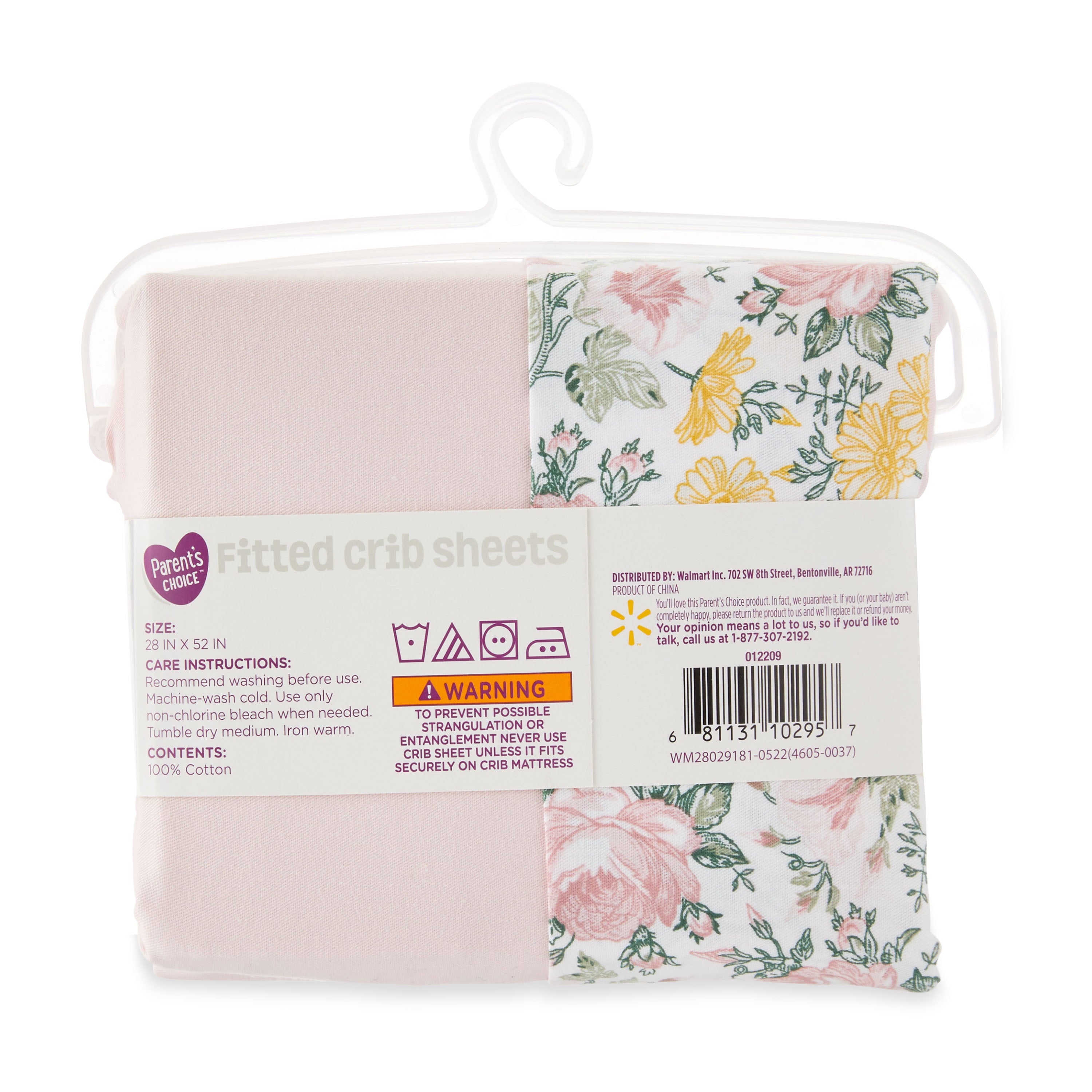 Parent'S Choice 100% Cotton Fitted Crib Sheets for Baby Girls, Pink Floral, 2-Pack, Crib Bed