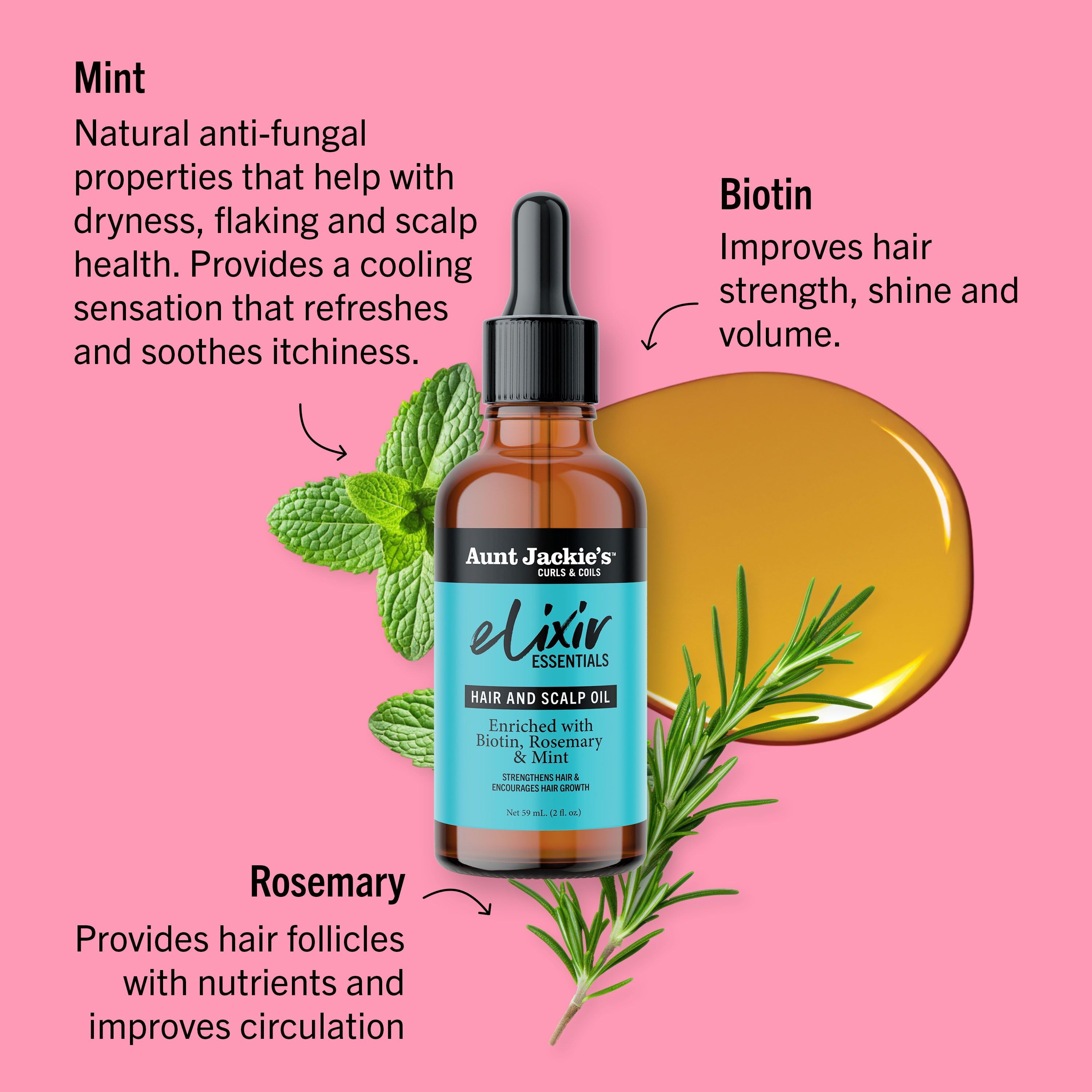 Aunt Jackie'S Curls & Coils Elixir Essentials Biotin, Rosemary & Mint Hair and Scalp Oil, 2 Fl Oz ., All Hair Types