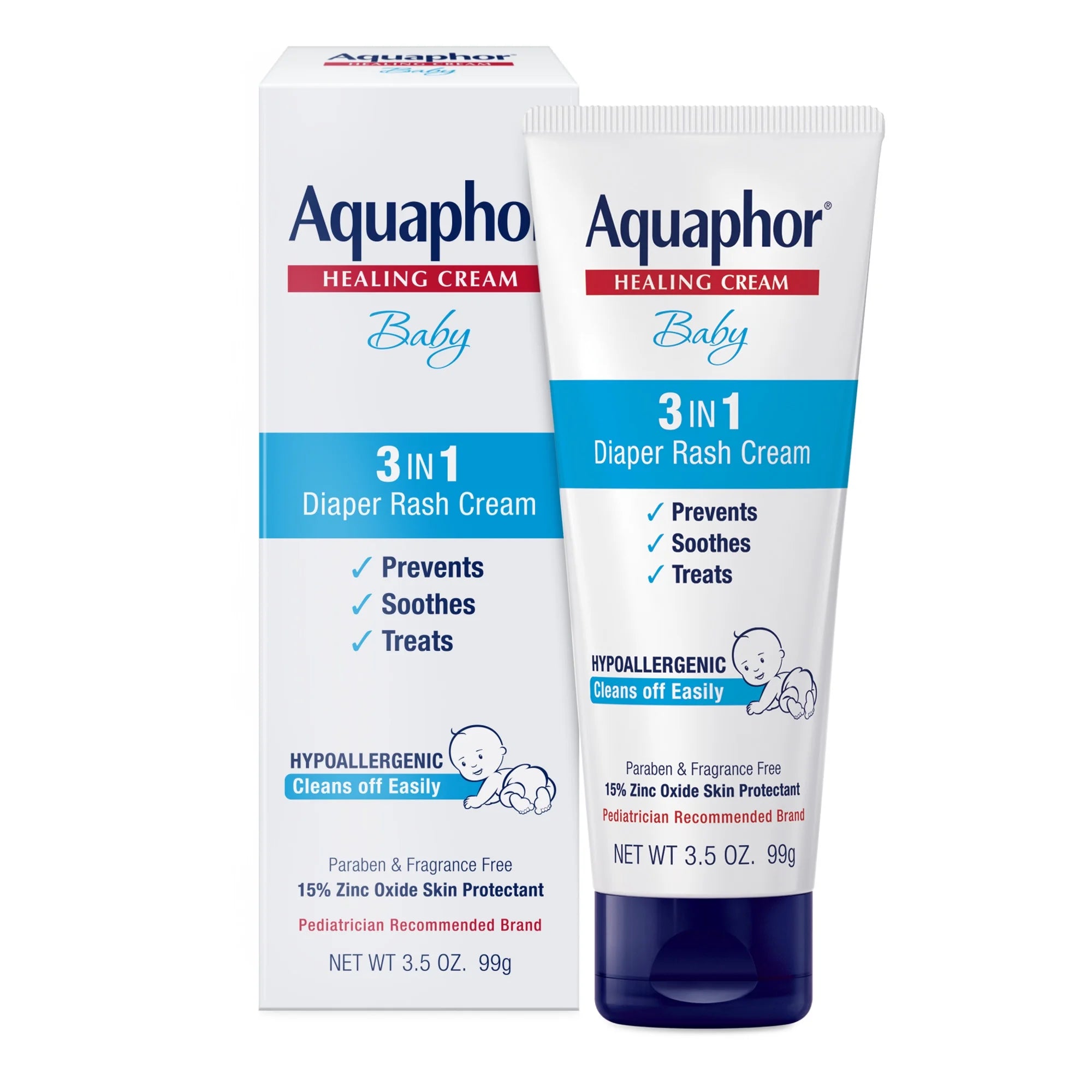 Aquaphor Baby Diaper Rash Cream with Zinc Oxide, Hypoallergenic, Paraben and Fragrance Free, 3.5 Oz