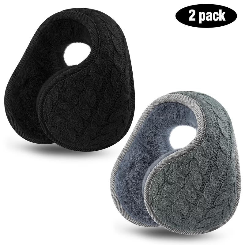 2 Pacs Winter Earmuffs for Women Men, Foldable Warm Cable Knit Fleece Ear Muffs