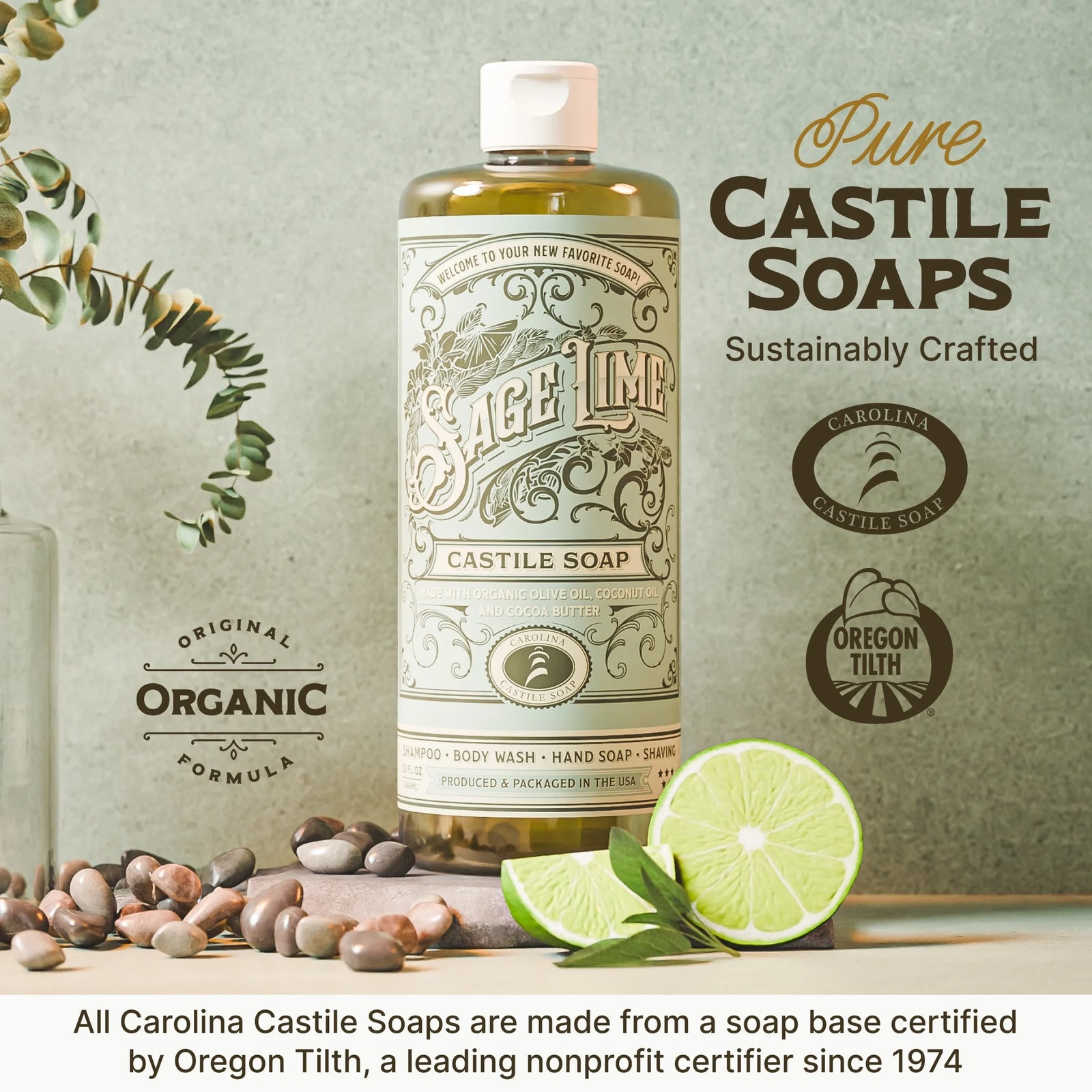 Carolina Castile Sage Lime Castile Soap Liquid - 32 Oz - Made with Organic Olive