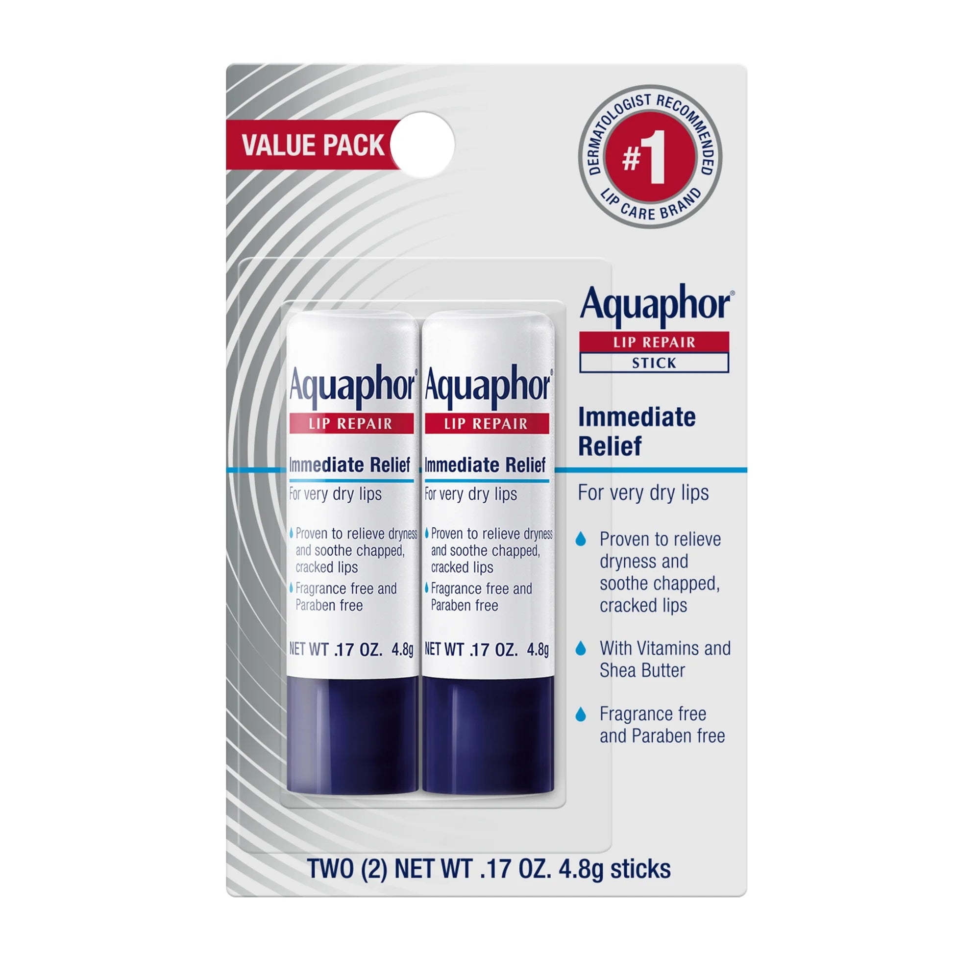 Aquaphor Lip Repair Stick for Dry Chapped Lips, Lip Balm with Shea Butter, 0.17 Oz, 2 Pack