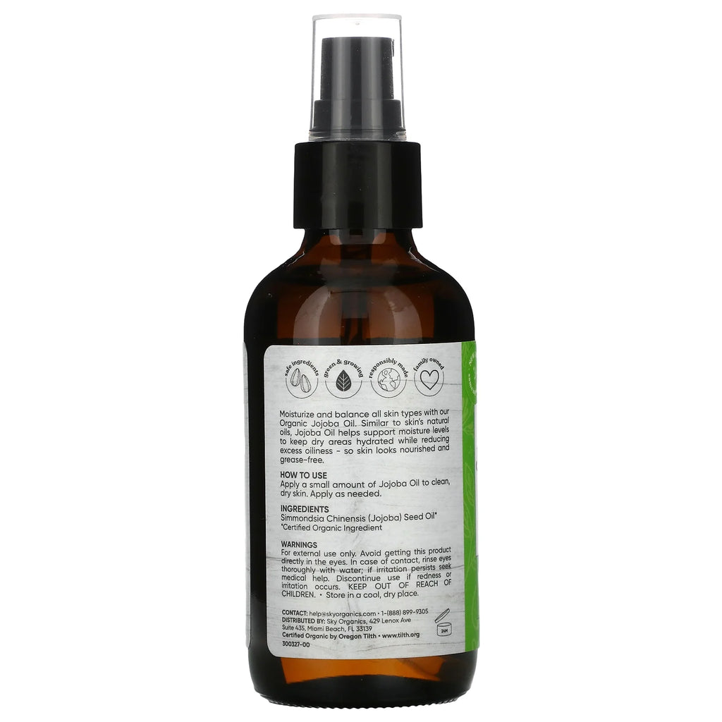 Sky Organics Organic Jojoba Oil for Face, Balancing Oil for Light Hydration & Helps Reduce Excess Oiliness, Suitable for Oily, Combination and Blemish-Prone Skin, 100% Pure & Cold-Pressed, 4 Fl. Oz