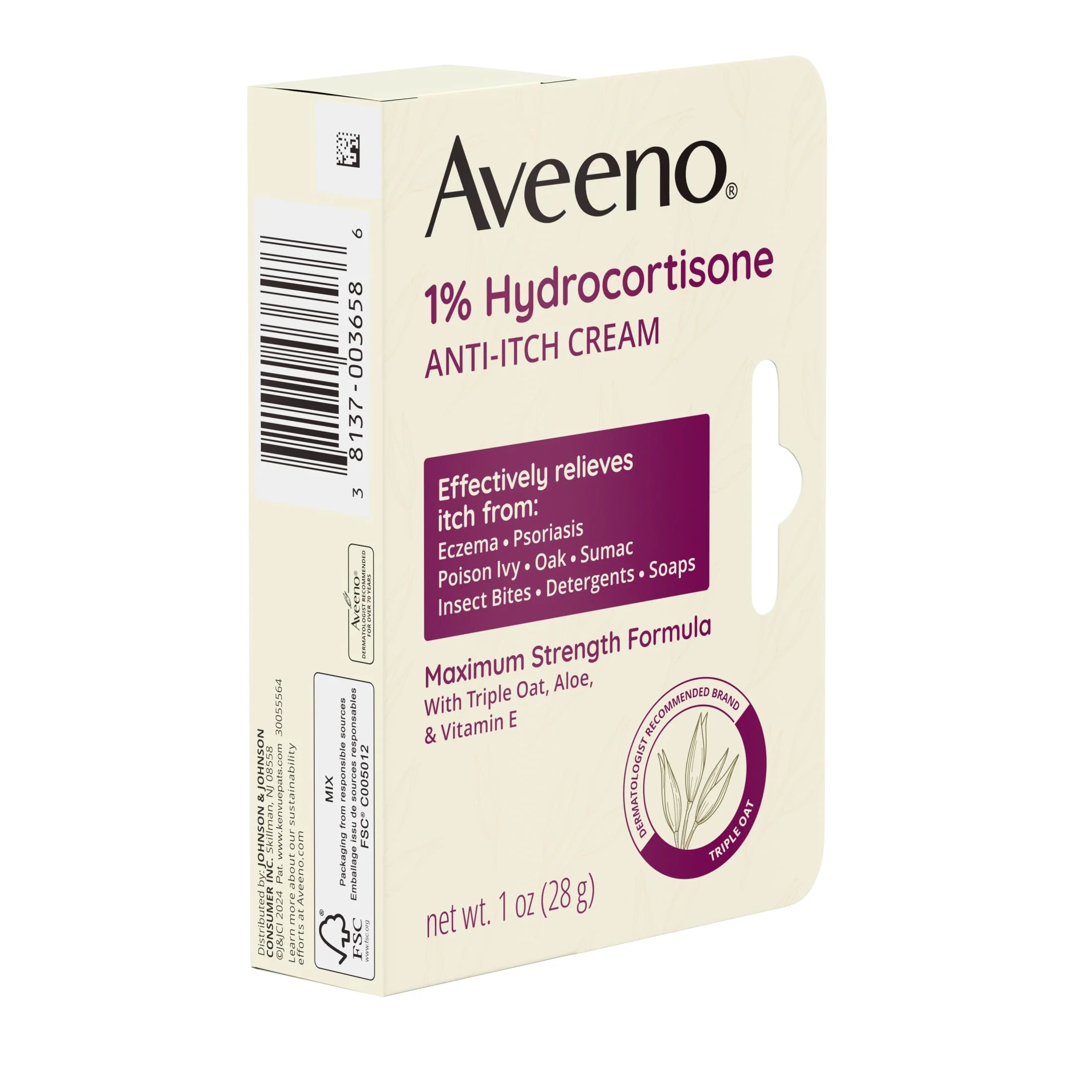 Aveeno Maximum Strength 1% Hydrocortisone Anti-Itch Relief Cream, 1 Oz