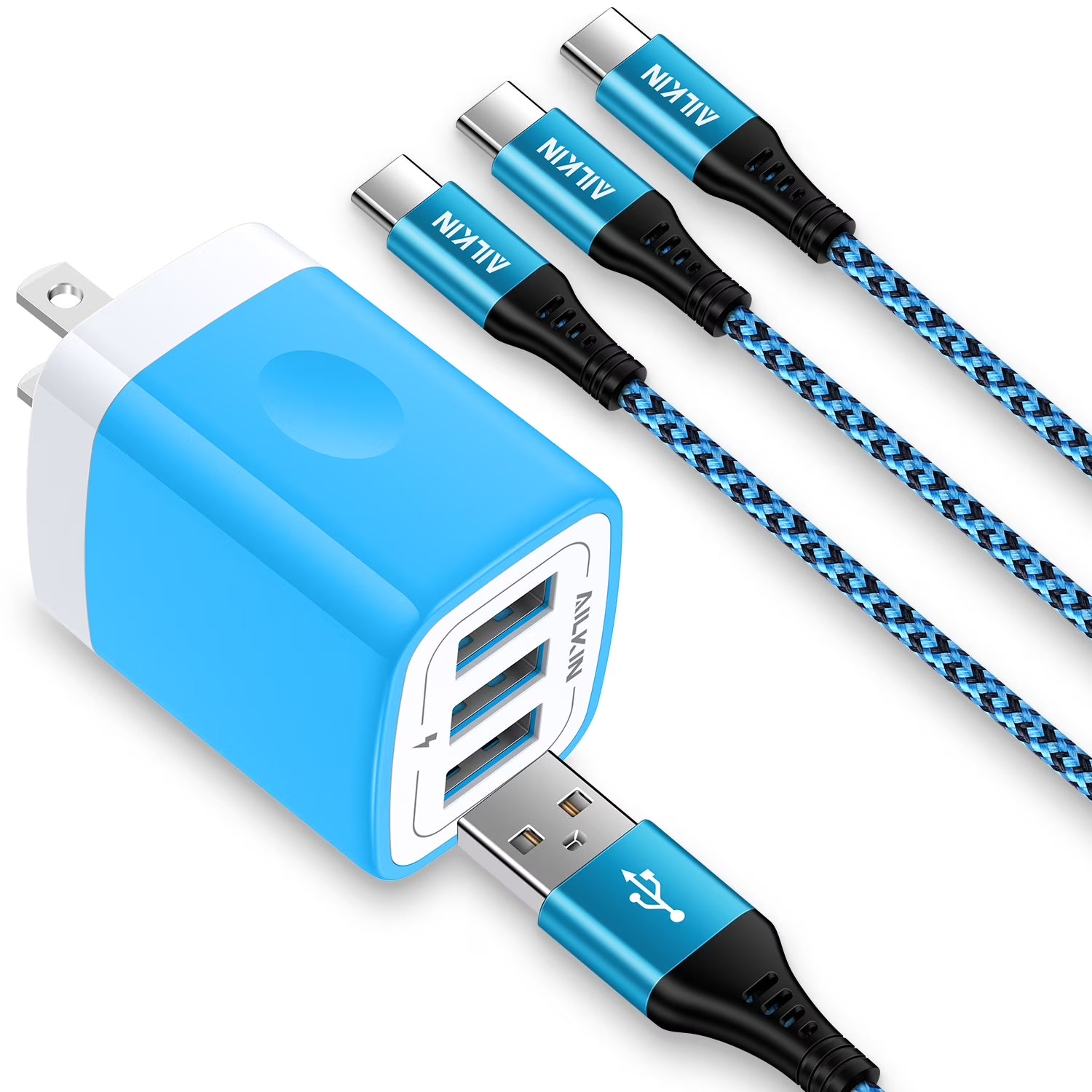 AILKIN Type C Charger Block Fast Charging,Usb Charger Block with 3PACK Usb a to Usb C Cable 6Ft 3.1A Multi Three Port USB Wall Charger Block Adapter Plug High Speed Phone Android Charger Cord Type C