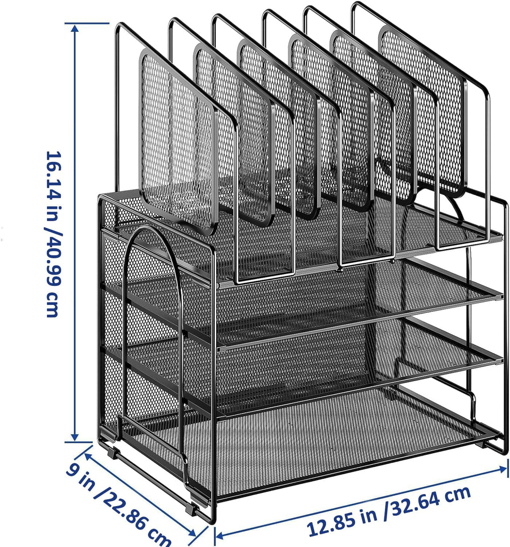 4-Tier Mesh Desk File Organizer,5 Vertical File Holder and Handle for Home Office (New Vertical Holder-Black)