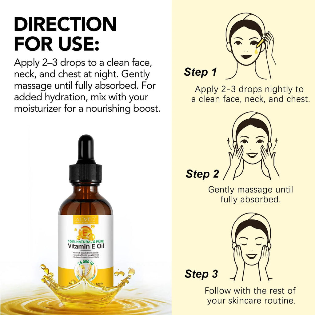 Aliver Vitamin E Oil for Skin, Face, Hair, Body, 75,000 IU, Moisturizing and Firming Skin, 2.02 Fl.Oz (2Pack)