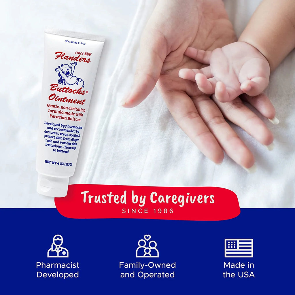 Flanders Buttocks Ointment - Pharmacist Developed Premium Paraben-Free, Soothing Diaper Rash Ointment, 4 Ounce