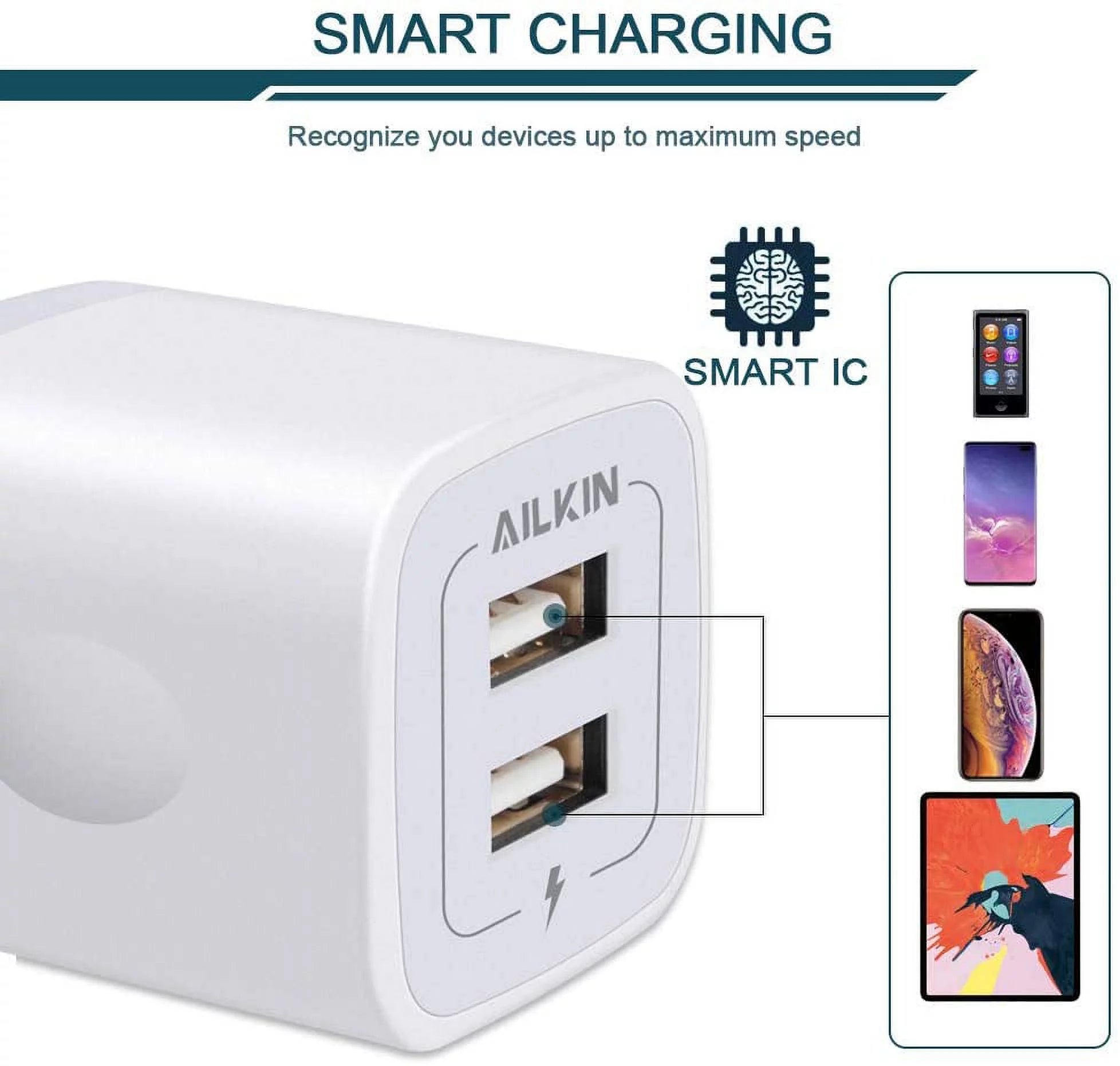 AILKIN Compatible with Iphone Charger Fast Charging with 2Pack Usb a Light-Ning Cables 6Ft Cords 2.1A Dual Port Charger Blocks Compatible with Iphone 14/13/12/11,White
