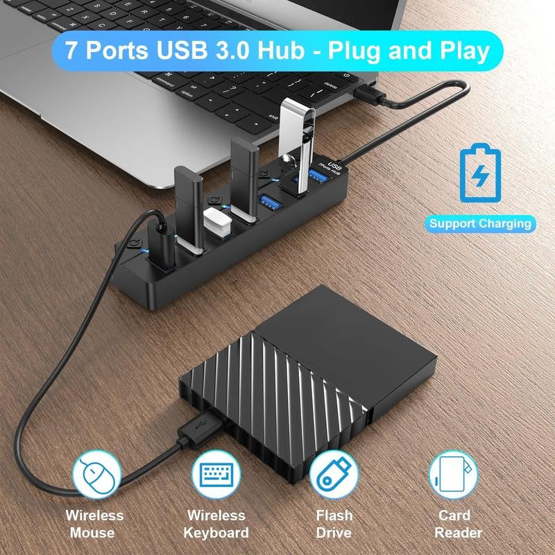 7 Port USB Hub Splitter 3.0 for Laptop Desktop USB Adapter with Individual Switc
