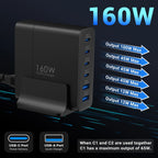 160W Gan Charger Hub: 4 USB-C + 2 USB-A Ports, 100W PD Fast Charging for Laptop/Phone/Tablet