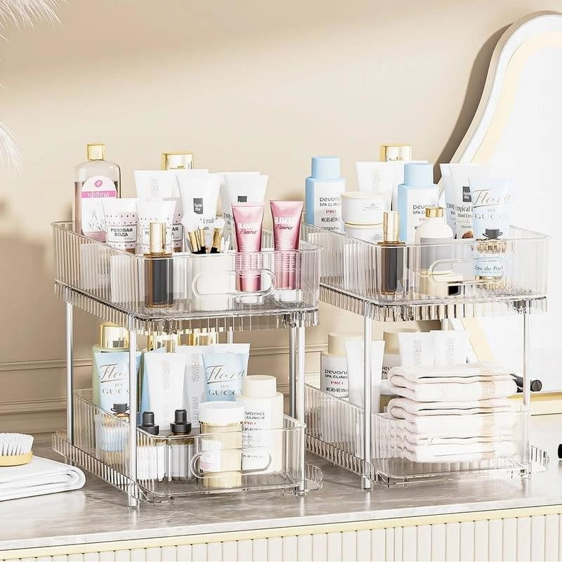 2 Pack Pull Out Bathroom Cabinet under Sink Organizers and Storage, 2 Tier Clear