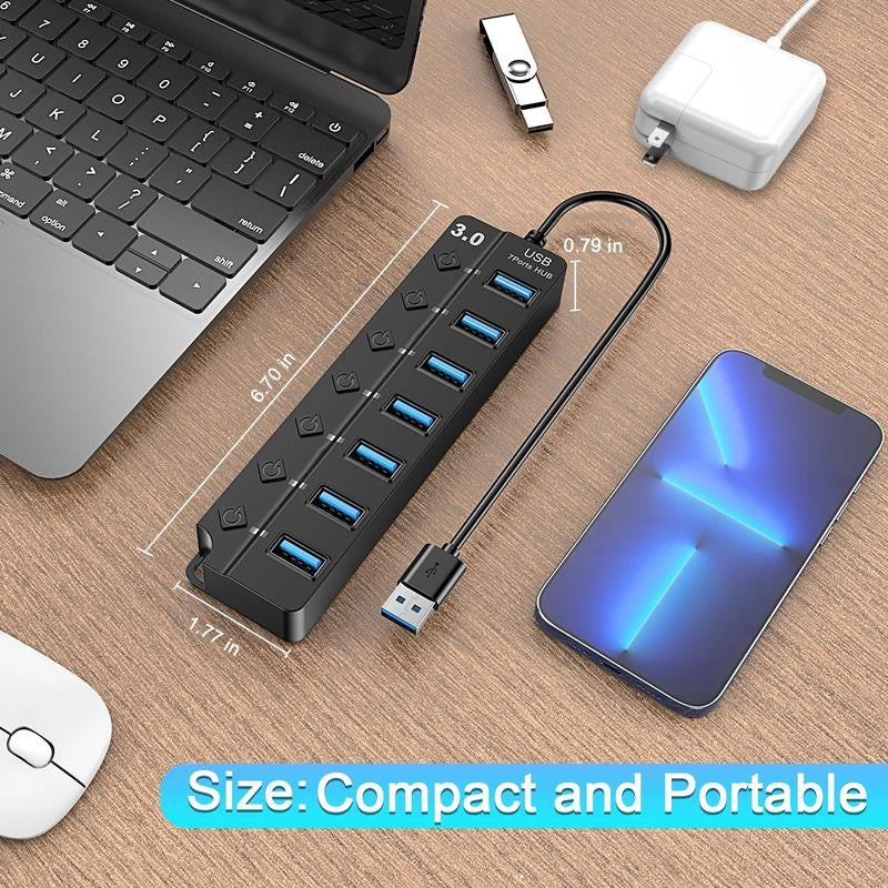 7 Port USB Hub Splitter 3.0 for Laptop Desktop USB Adapter with Individual Switc