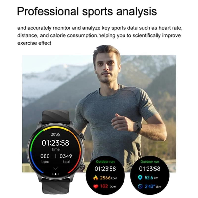 Bluetooth 1.39 Inch Black Case with Black Silicone Band