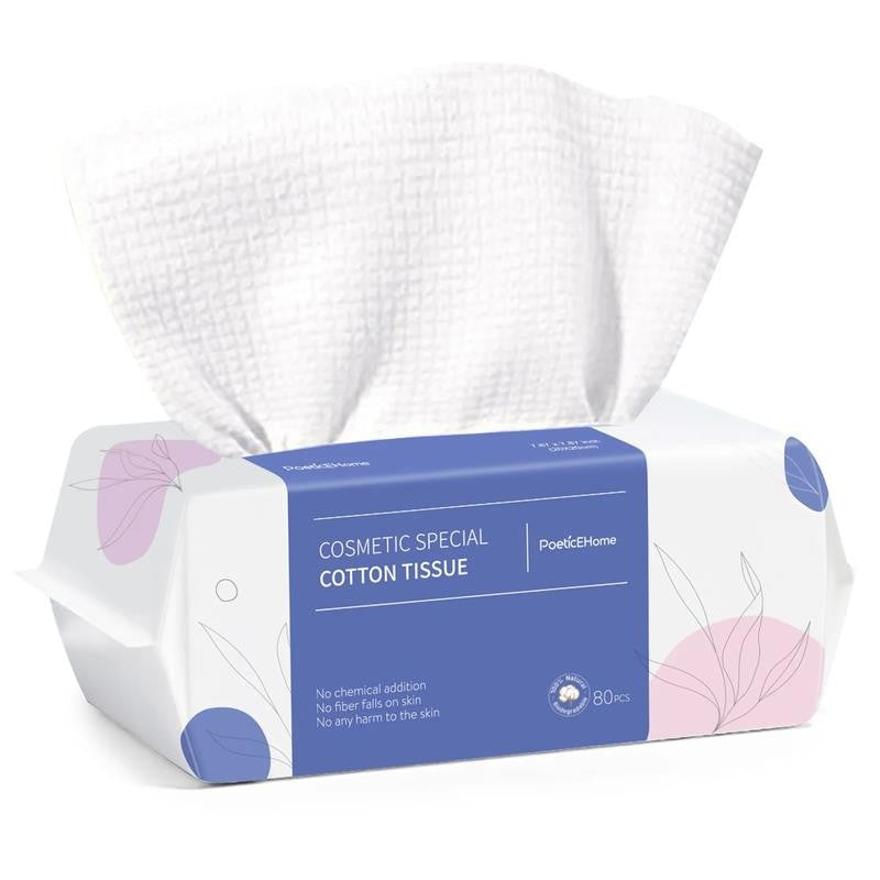 Cotton Face Dry Wipes 80Pcs - Extra Thick Disposable Cleansing Towel, Facial Cle