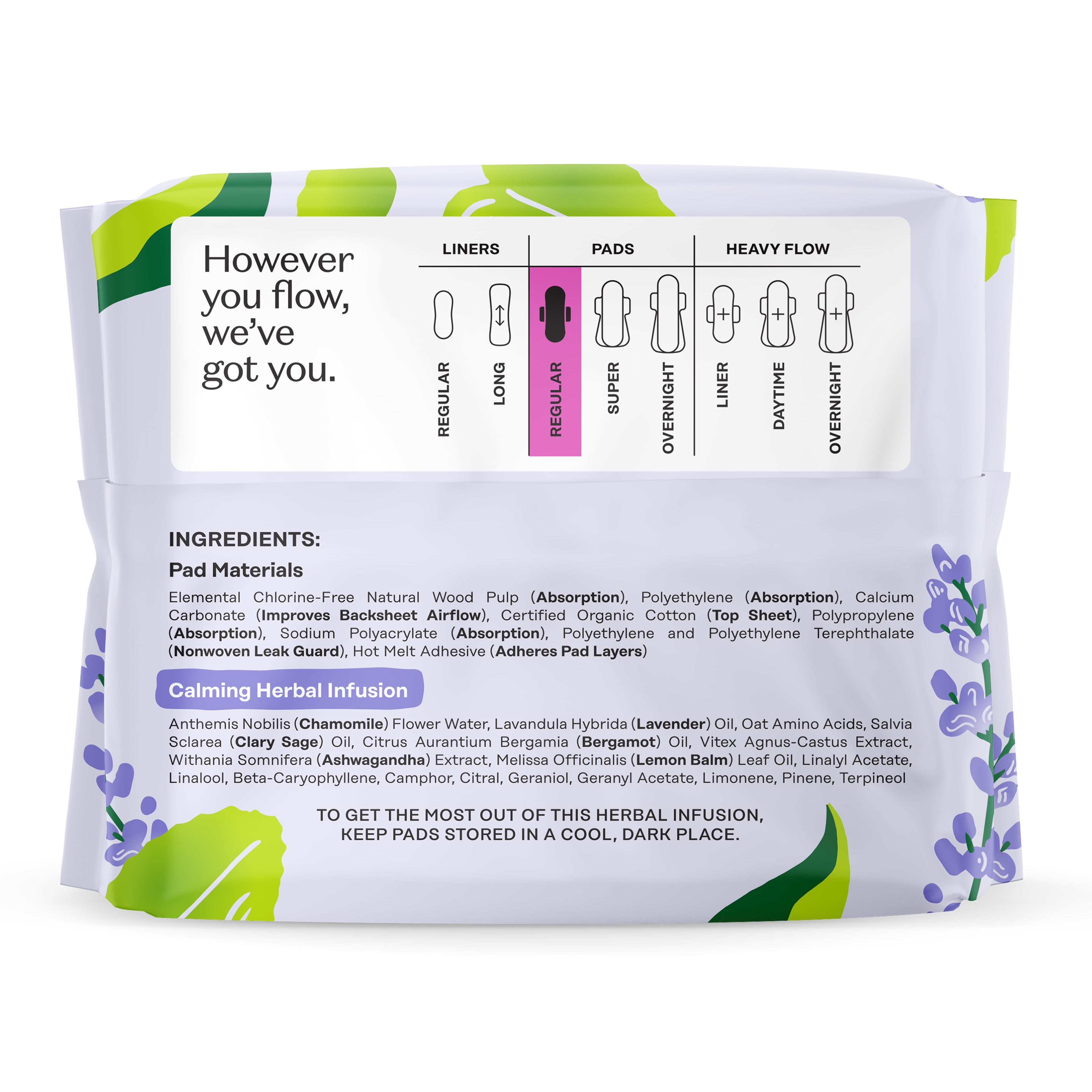 100% Organic Cotton Cover Calming Herbal Infusion Regular Pads, 20 Count