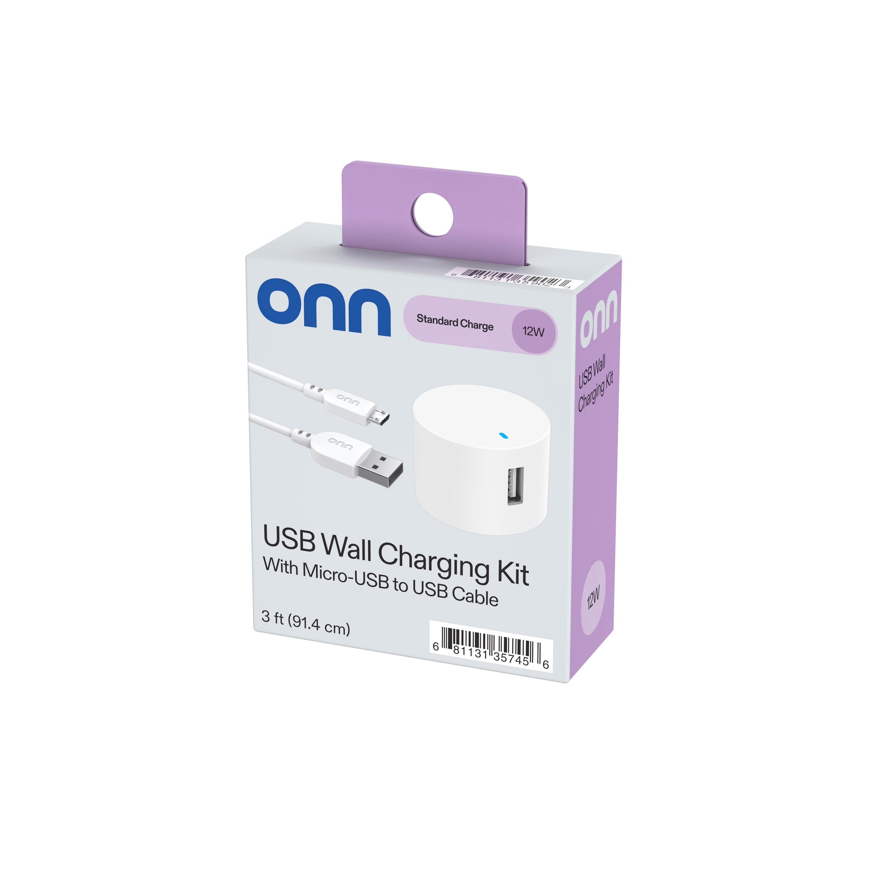 Onn 12W Single USB-A Port Wall Charger with 3Ft Micro-Usb to USB Cable, Foldable Plug, White