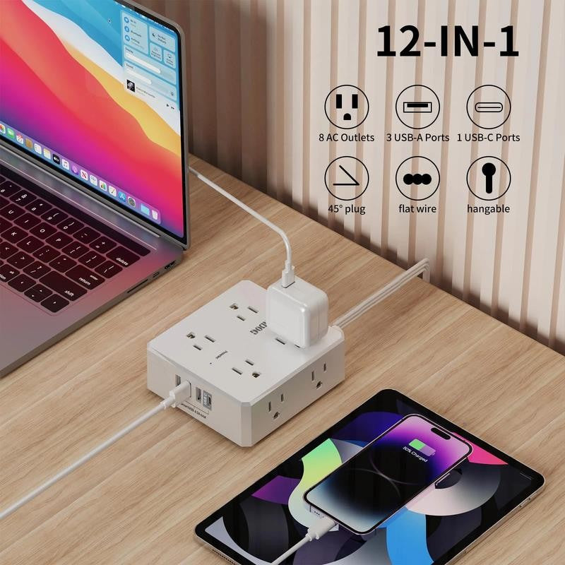 6Ft Flat Plug Power Strip - 8 Outlets and 4 USB Ports (1 USB C), Extension Cord