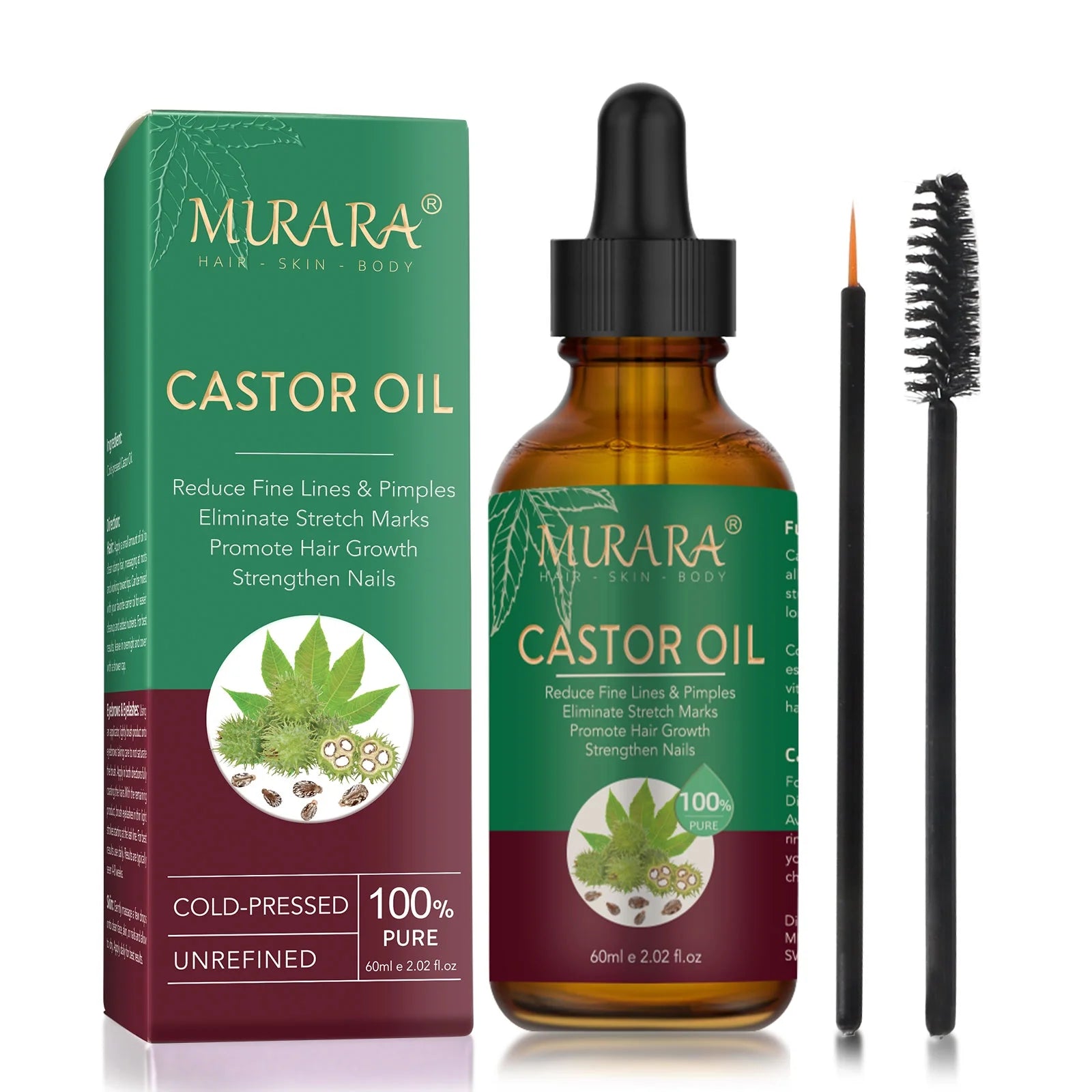 Murara Organic Castor Oil for Hair Care,Fade Fine Lines and Wrinkles, Pure Cold Pressed Castor Oil for Hair,Eyelashs,Eyebrows,Face and Skin Care