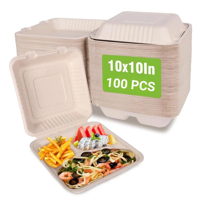 100Pack Compostable Take Out Container 10X10, Disposable to Go Food Boxes with 3