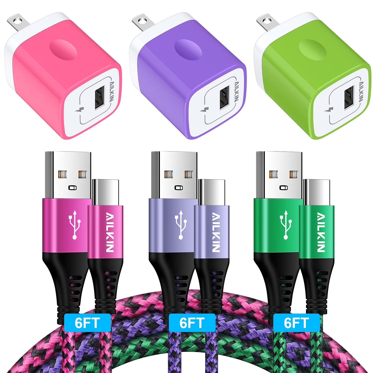 Type C Charger,Fast Charging Block Type C,AILKIN 3PACK Usb Charger Block Plug Adapter 3PCS Usb C Charging Cable 6Ft Usb a to Usb C Cable High Speed Phone Charger Cord Android Fast Charger Block