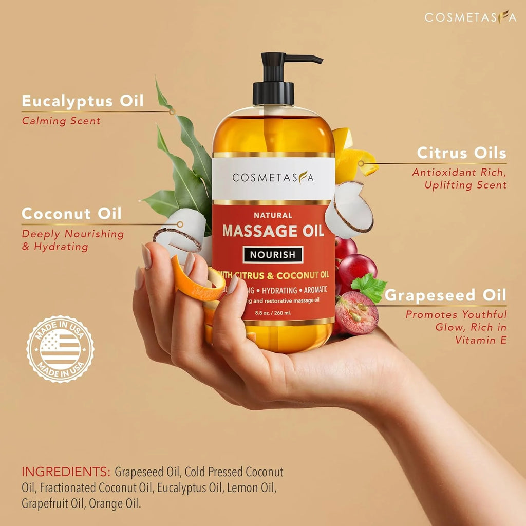 Body Massage Oil with Citrus and Coconut Oils, Includes Massage Roller Ball, 8.8