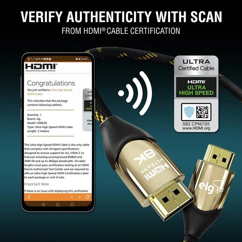 8K HDMI Cable 2.1 | 48Gbps, 6.6FT | Ultra High Speed, Earc, Ethernet, VRR, Gold