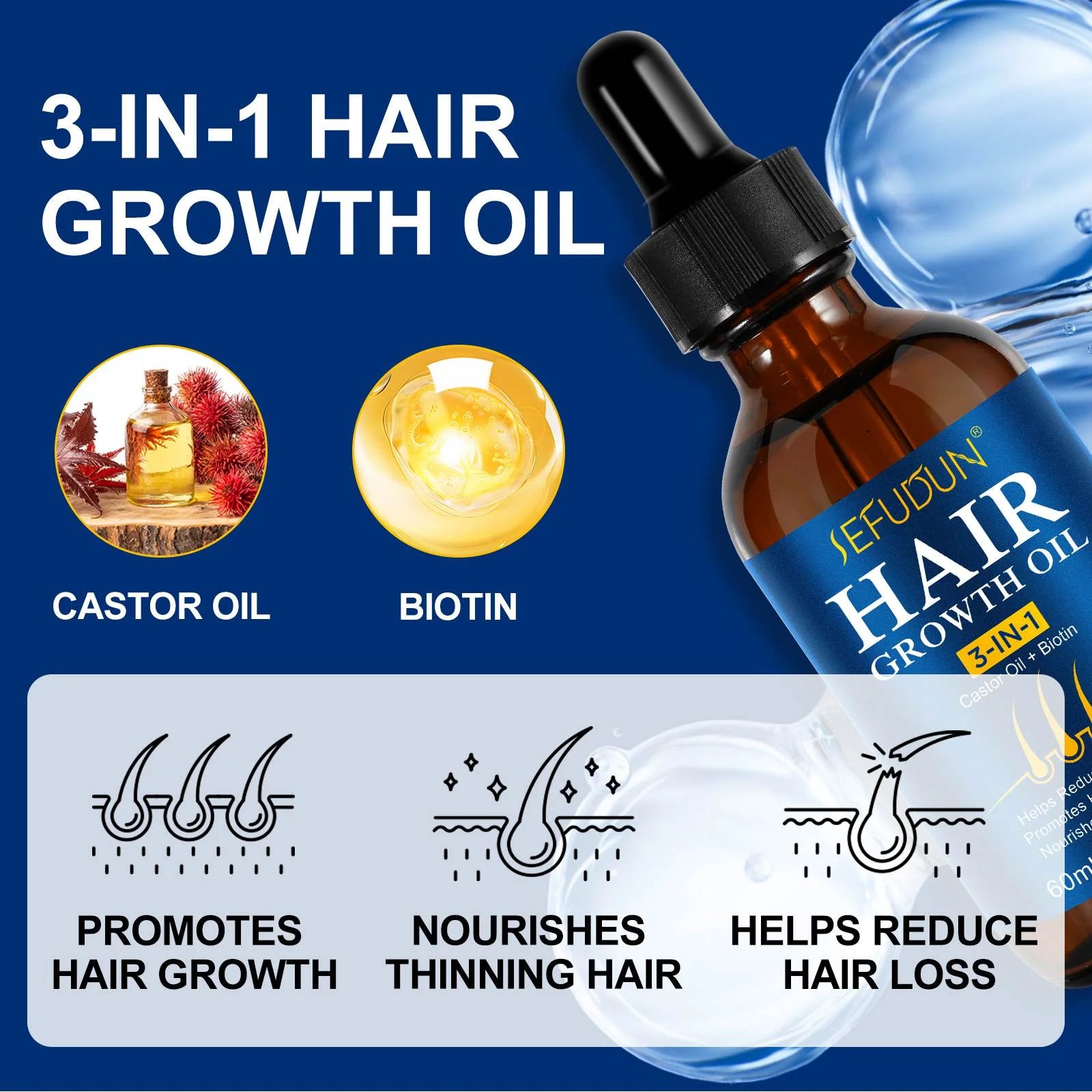 3 in 1 Hair Care Oil with Castor Oil for Healthier Hair, Nourishes Thinning Hair, No Chemicals, Formulated for Hair Health, Women & Men, All Hair Types, 2.02 Fl Oz