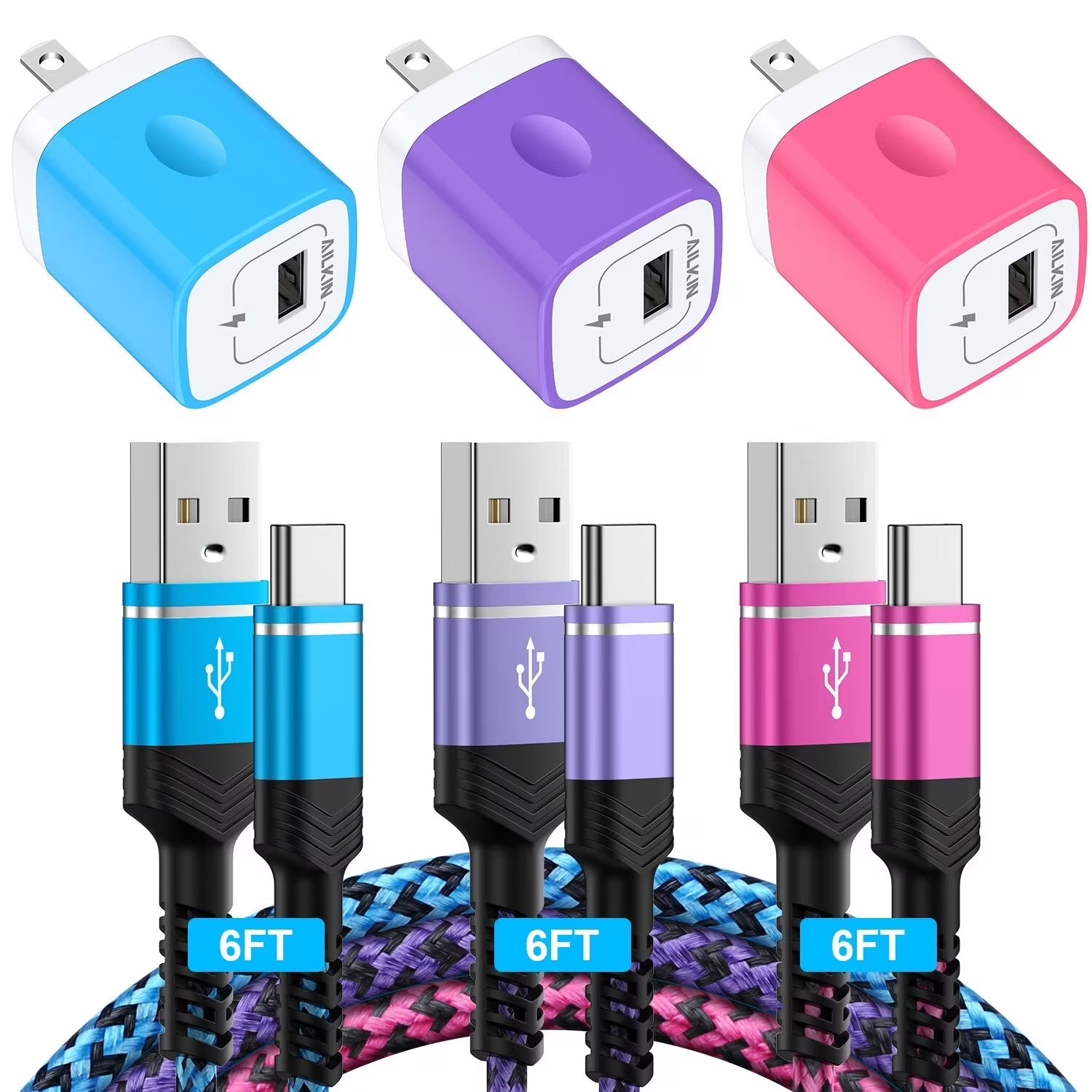 Type C Charger Fast Charging AILKIN Wall Charger Adapter Plug 3PACK Android Charger Block Cord with 3PACK Usb a to Usb C Cable 6Ft High Speed Phone Charger for Android Type C