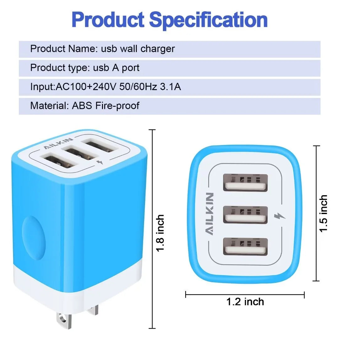 AILKIN Type C Charger Block Fast Charging,Usb Charger Block with 3PACK Usb a to Usb C Cable 6Ft 3.1A Multi Three Port USB Wall Charger Block Adapter Plug High Speed Phone Android Charger Cord Type C