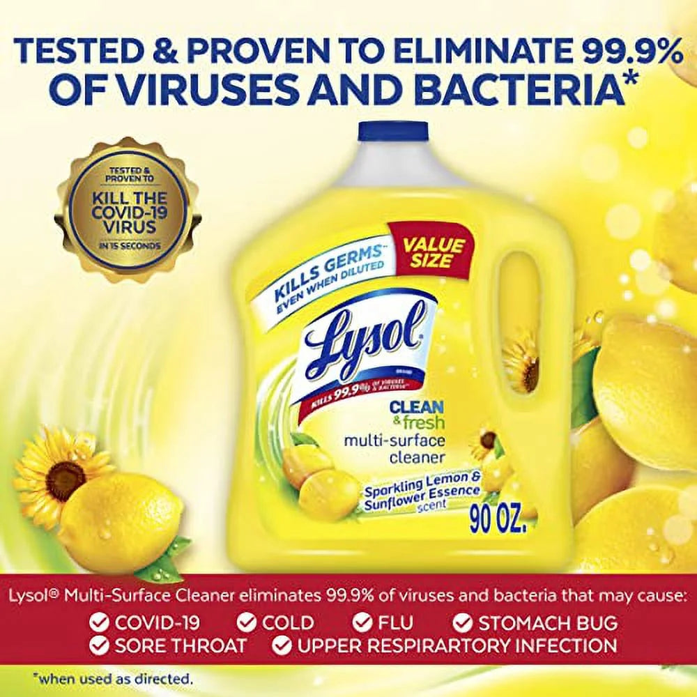 Lysol Multi-Surface Cleaner, Sanitizing and Disinfecting Pour, to Clean and Deodorize, Sparkling Lemon and Sunflower Essence, 90 Fl Oz