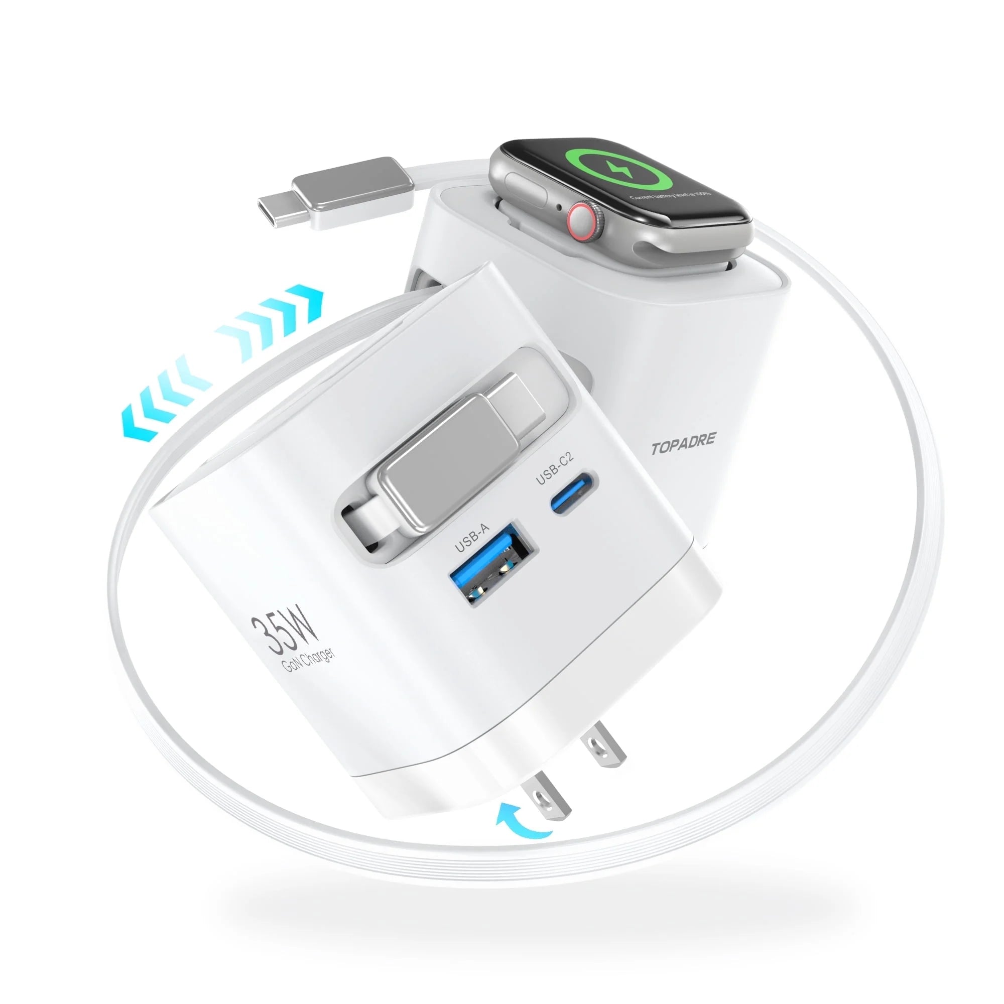 35W 3-In-1 Gan Wall Charger with Wireless Charging for Smartwatch, USB-C + USB-A Ports, 2.2Ft Retractable Cable, Foldable Plug (White)