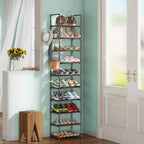 10 Tier Metal Shoes Rack, Narrow Stackable Shoes Shelf with Hooks, Shoe Tower F