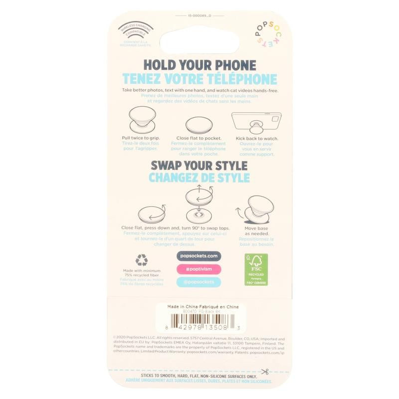 Adhesive Phone Grip with Expandable Kickstand and Swappable Top - Popgrip Black